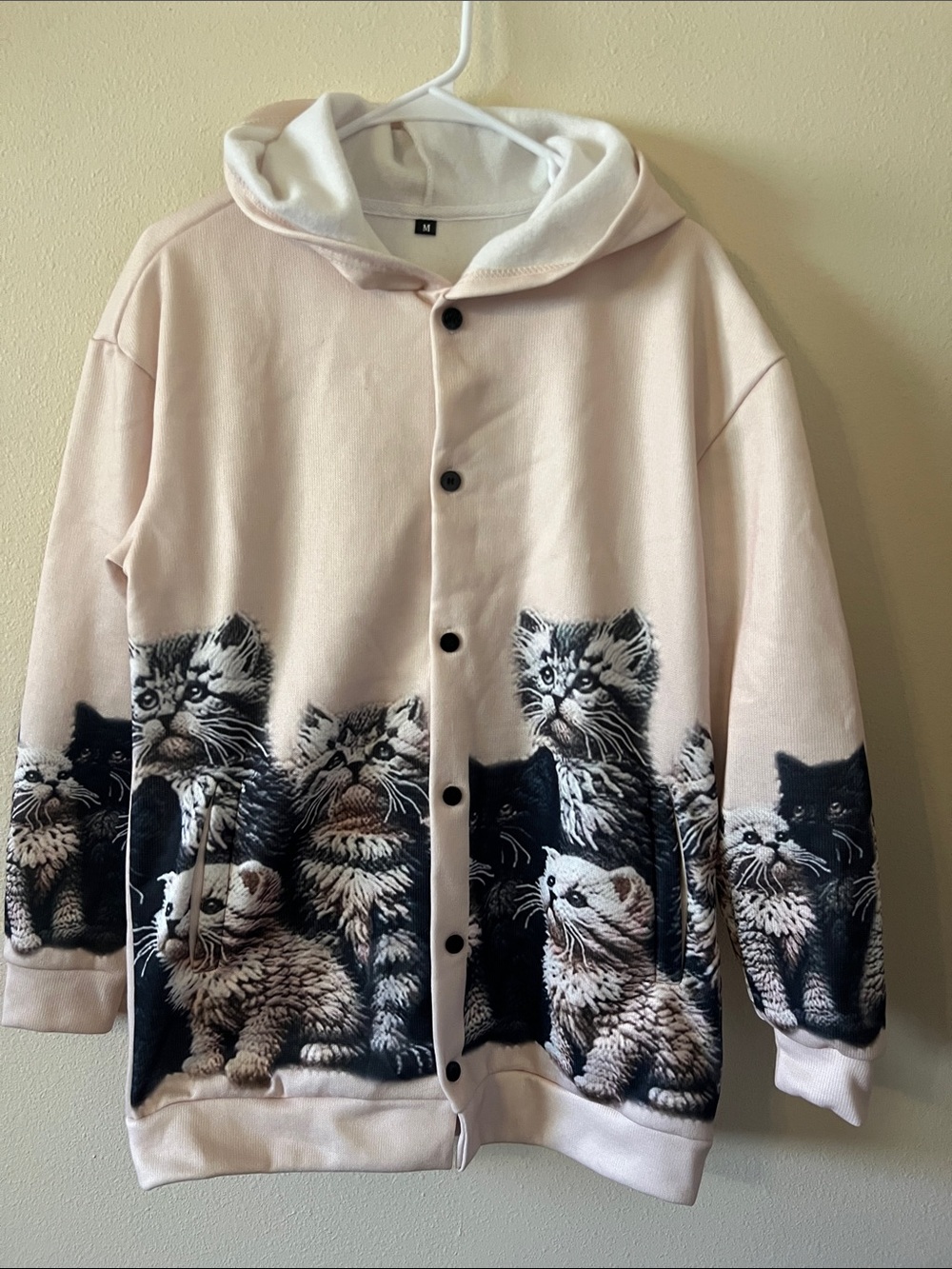 Women’s Pink Cat Print Hooded Button-Up Jacket
